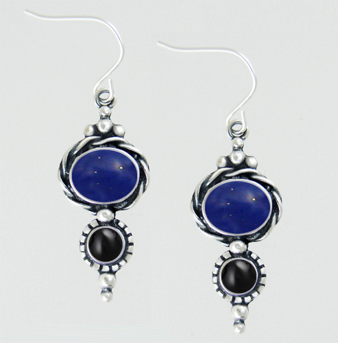 Sterling Silver Drop Dangle Earrings With Lapis Lazuli And Black Onyx